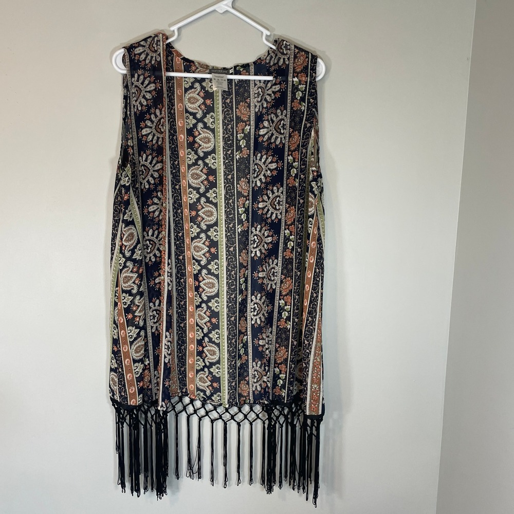 Earthbound Trading Co Womens XL Boho Paisley Fringe Sleeveless Kimono Vest